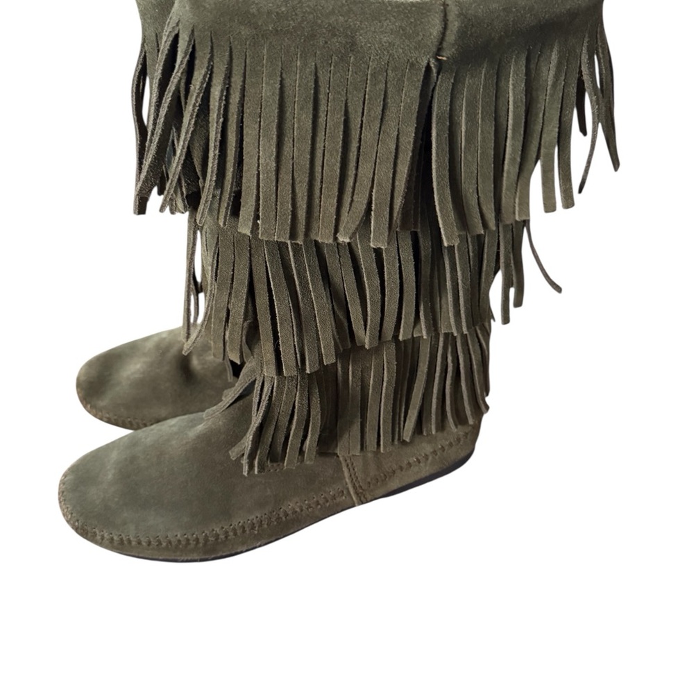 Minnetonka 3 Layer Fringe Boot Womens Size 10 Boots Olive Green 1635F Booties - Picture 4 of 6